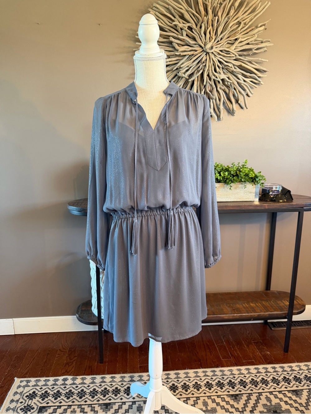 White House Black Market grey shimmer‎ long sleeve sheer lined dress
